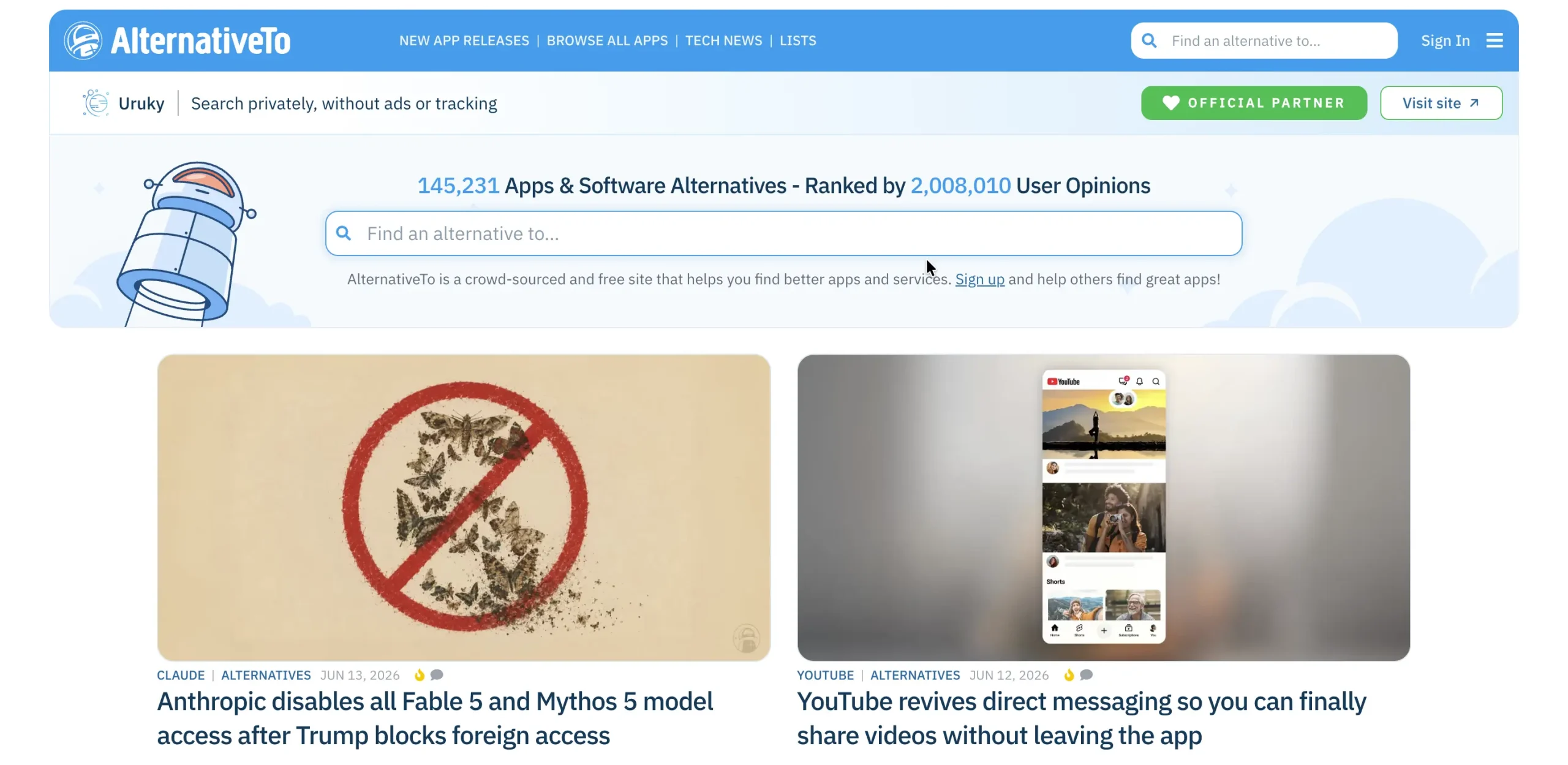 AlternativeTo homepage.