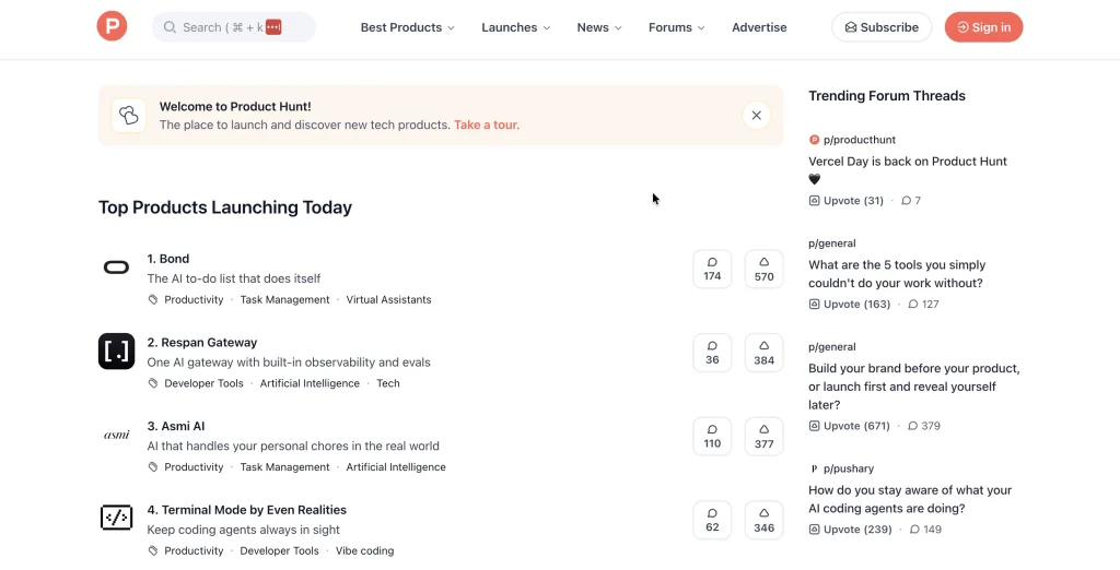 Product Hunt homepage.