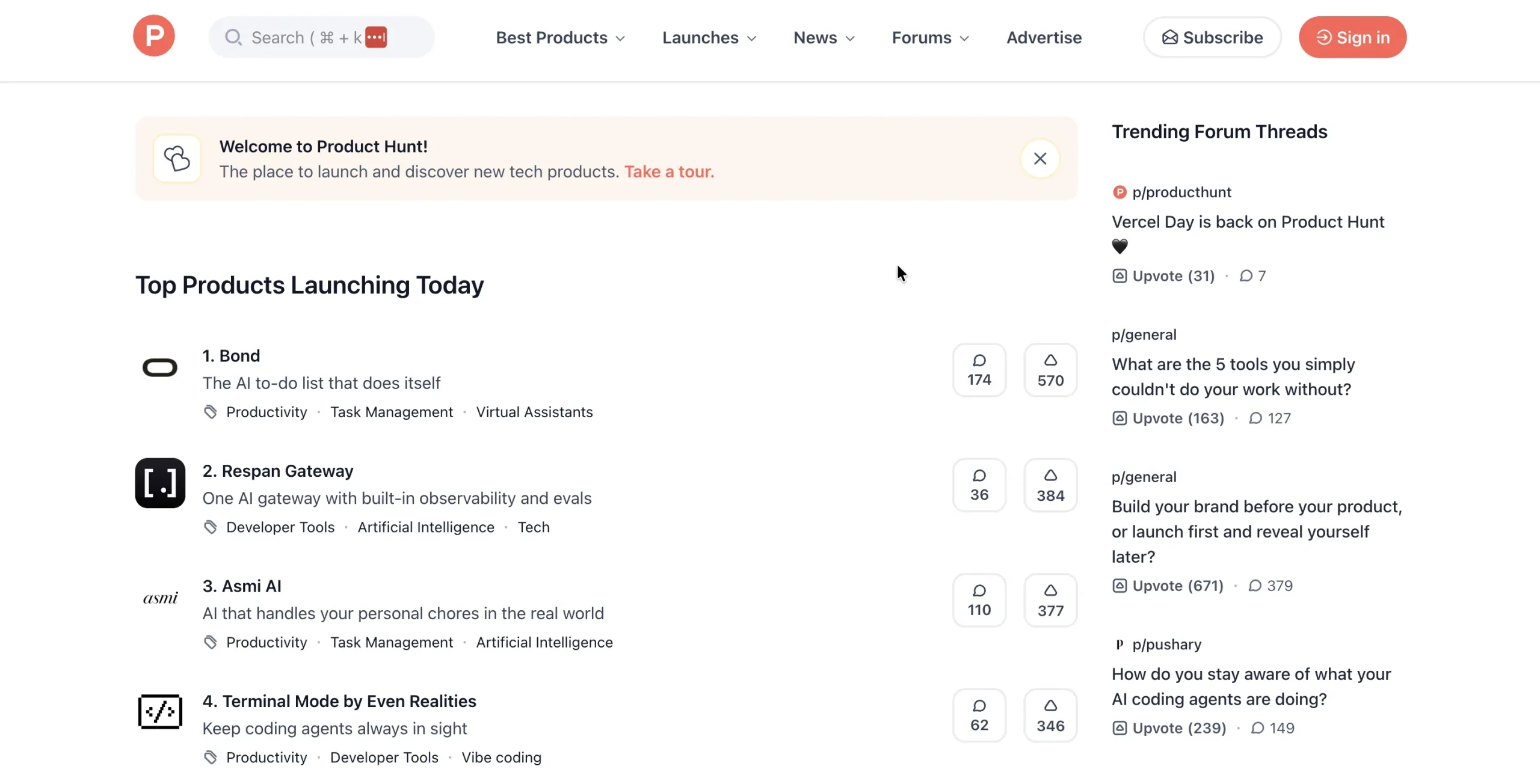 Product Hunt homepage.