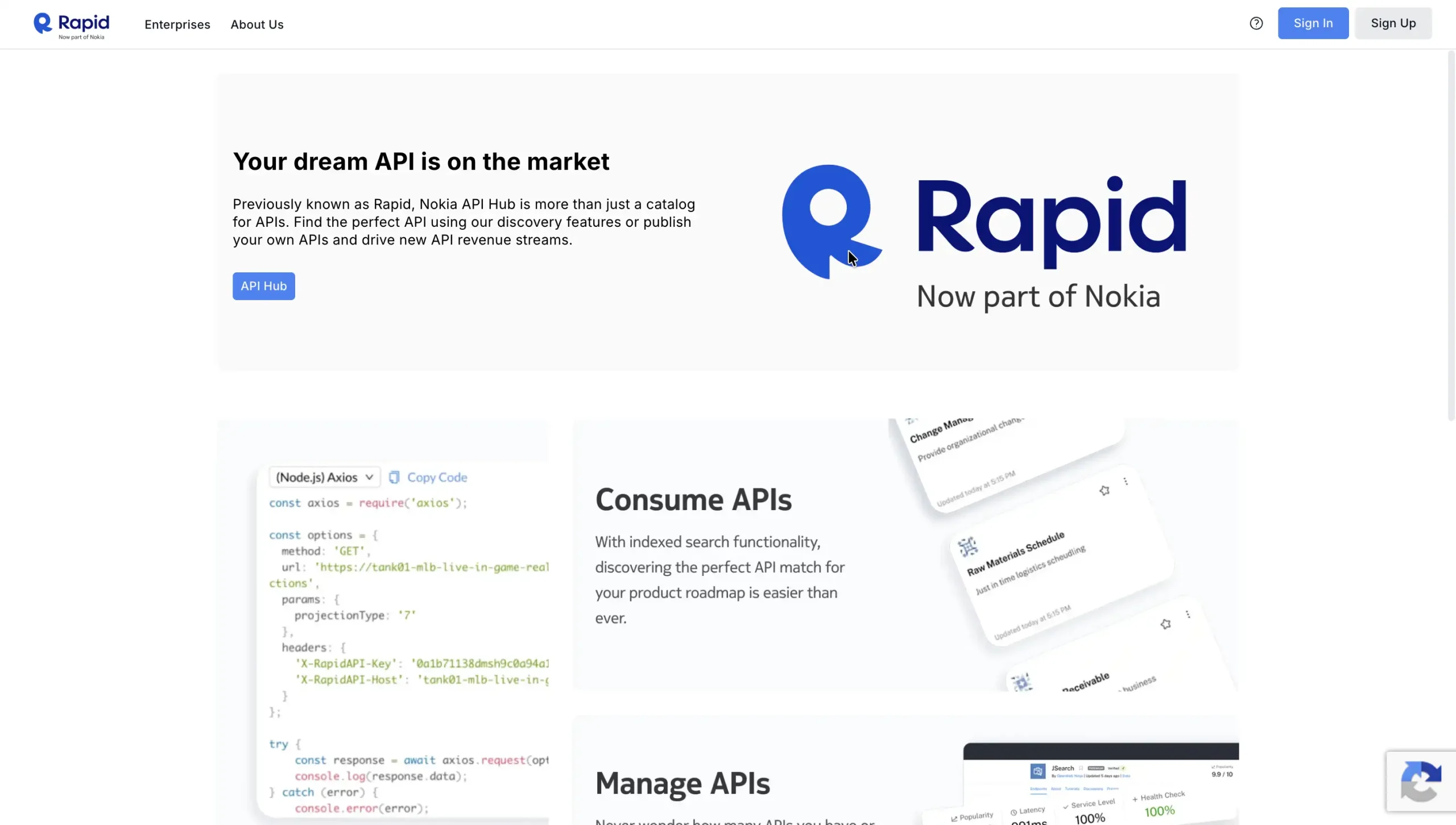 Rapid API homepage.