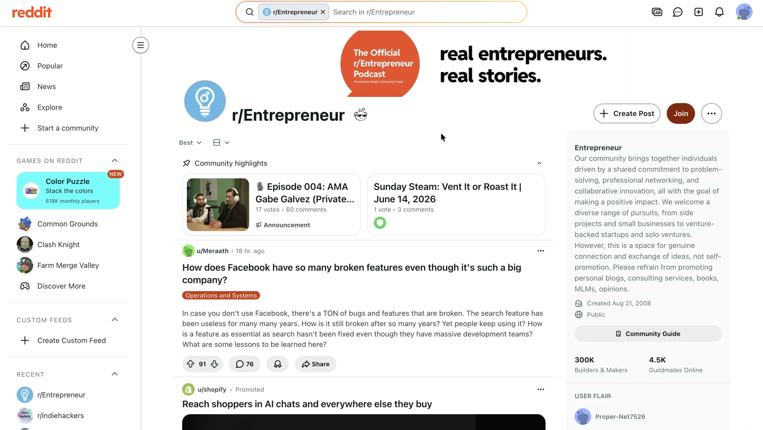 Reddit's r/Entrepreneur community.