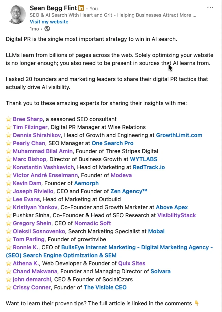 Sean Begg Flint's ego-bait LinkedIn post.