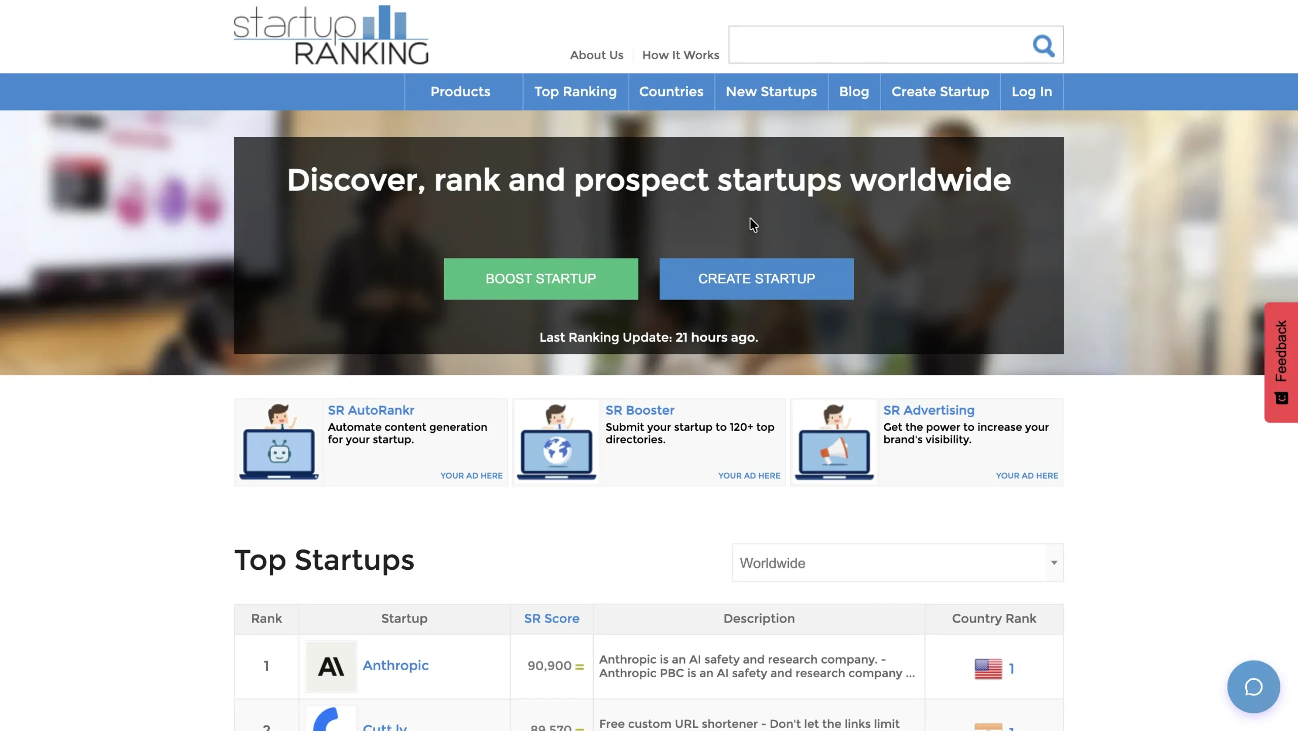 Startup Ranking homepage.
