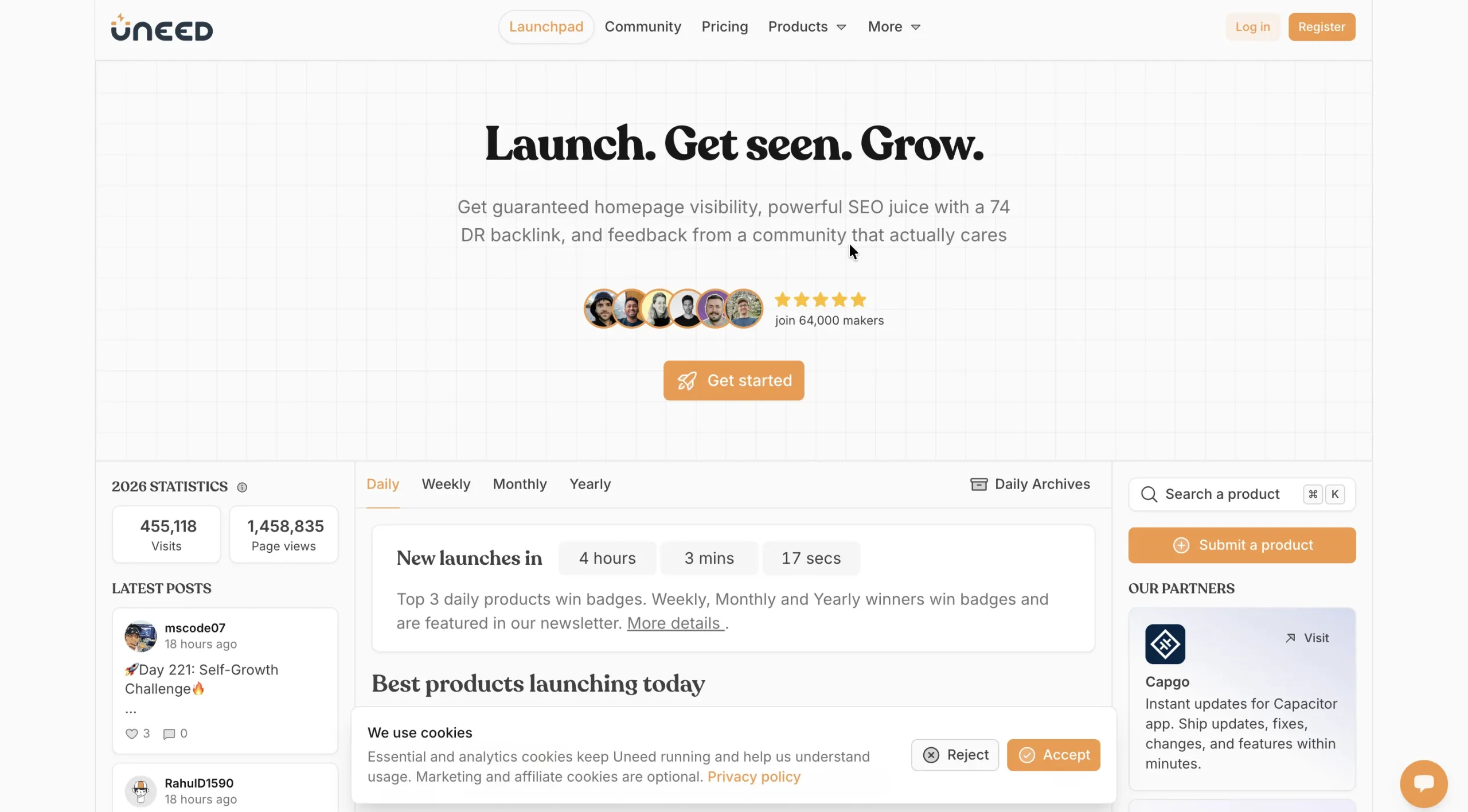 Uneed homepage.