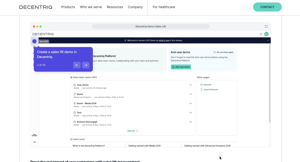 Decentriq's Sales Lift product demo.