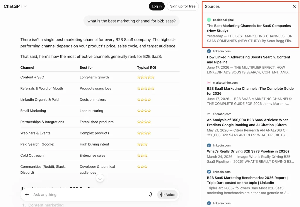 Position Digital's SaaS marketing channels study is cited in ChatGPT.
